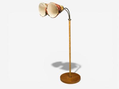 Corona Belysning Floor Lamp Wood Brass Fabric Sweden 1940s