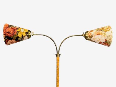 Corona Belysning Floor Lamp Wood Brass Fabric Sweden 1940s