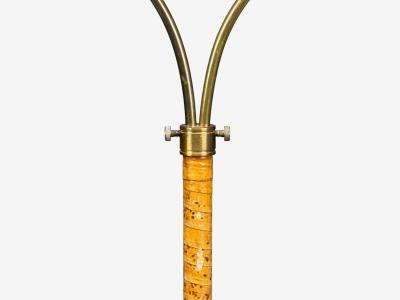 Corona Belysning Floor Lamp Wood Brass Fabric Sweden 1940s