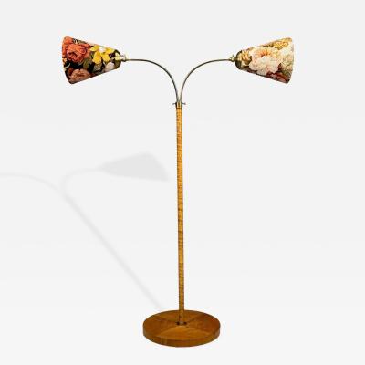 Corona Belysning Floor Lamp Wood Brass Fabric Sweden 1940s