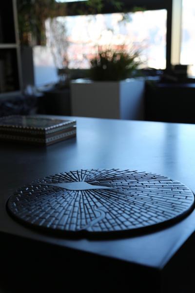 Costantini Design Paolo Table with Burnished Steel Structure and Custom Blackened Aluminum Plate