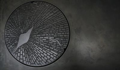 Costantini Design Paolo Table with Burnished Steel Structure and Custom Blackened Aluminum Plate