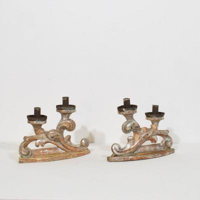Couple of 18th Century Italian Baroque Carved Wooden And Silvered Candleholders