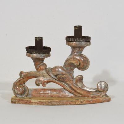 Couple of 18th Century Italian Baroque Carved Wooden And Silvered Candleholders