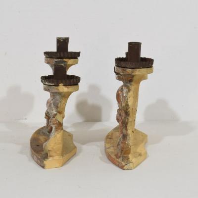 Couple of 18th Century Italian Baroque Carved Wooden And Silvered Candleholders