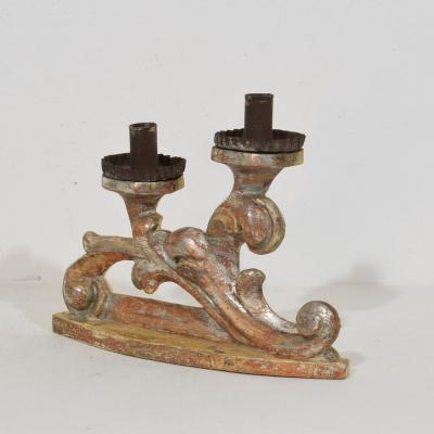 Couple of 18th Century Italian Baroque Carved Wooden And Silvered Candleholders