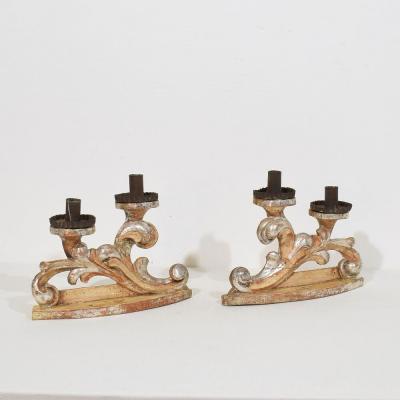 Couple of 18th Century Italian Baroque Carved Wooden And Silvered Candleholders