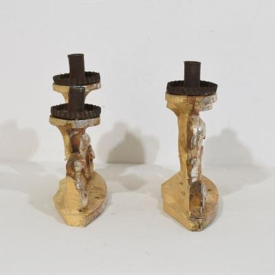Couple of 18th Century Italian Baroque Carved Wooden And Silvered Candleholders