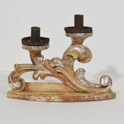 Couple of 18th Century Italian Baroque Carved Wooden And Silvered Candleholders