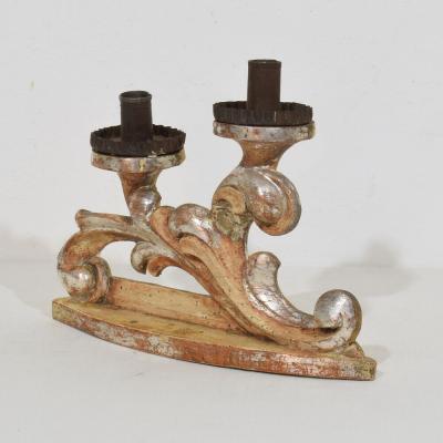 Couple of 18th Century Italian Baroque Carved Wooden And Silvered Candleholders
