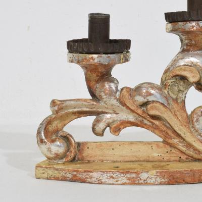Couple of 18th Century Italian Baroque Carved Wooden And Silvered Candleholders