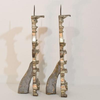 Couple of 18th Century Italian Baroque Carved Wooden And Silvered Candlesticks