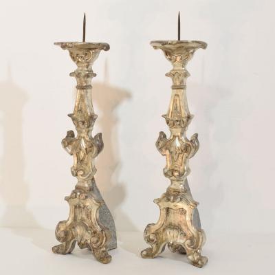 Couple of 18th Century Italian Baroque Carved Wooden And Silvered Candlesticks