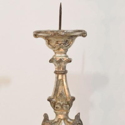 Couple of 18th Century Italian Baroque Carved Wooden And Silvered Candlesticks