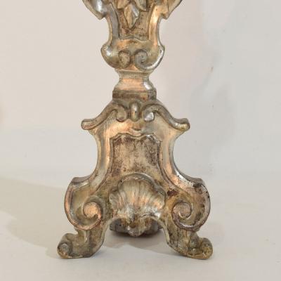 Couple of 18th Century Italian Baroque Carved Wooden And Silvered Candlesticks