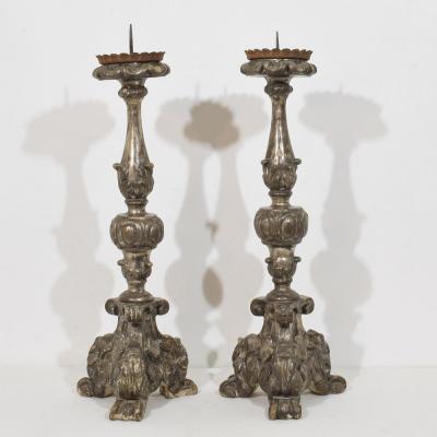 Couple of 18th Century Italian Baroque Carved Wooden Candlesticks Circa 1750