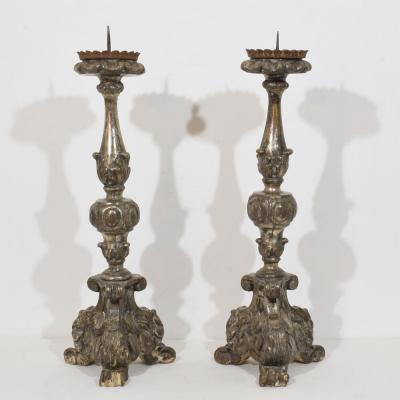 Couple of 18th Century Italian Baroque Carved Wooden Candlesticks Circa 1750