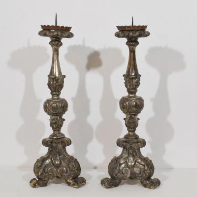 Couple of 18th Century Italian Baroque Carved Wooden Candlesticks Circa 1750