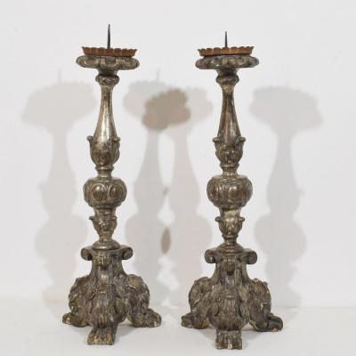 Couple of 18th Century Italian Baroque Carved Wooden Candlesticks Circa 1750