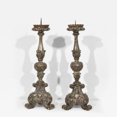 Couple of 18th Century Italian Baroque Carved Wooden Candlesticks Circa 1750