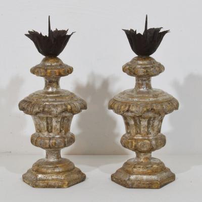 Couple of 18th Century Italian Neoclassical Silvered Wooden Candlesticks