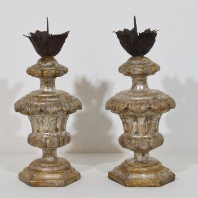 Couple of 18th Century Italian Neoclassical Silvered Wooden Candlesticks