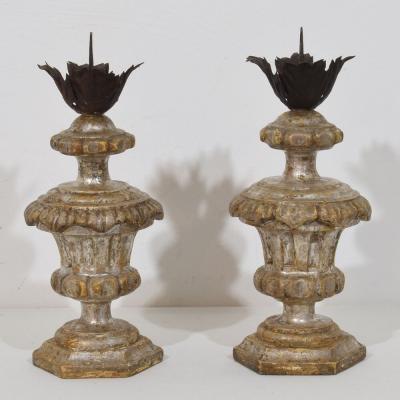 Couple of 18th Century Italian Neoclassical Silvered Wooden Candlesticks