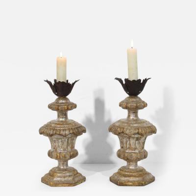 Couple of 18th Century Italian Neoclassical Silvered Wooden Candlesticks