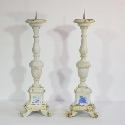 Couple of 19th Century Italian Carved Wooden Candleholders in Neoclassical Style