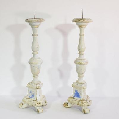 Couple of 19th Century Italian Carved Wooden Candleholders in Neoclassical Style