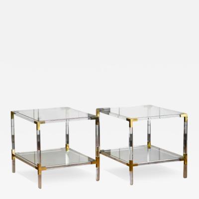 Couple of Plexi Coffee Tables with Brass Details and Crystal Top 1980