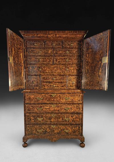 Coxed and Woster George I Burr Maple Secretaire Chest and Cabinet