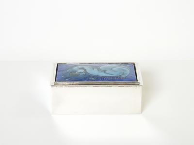 Crevillen Paris silvered and enameled blue ceramic Jewellery Box 1970
