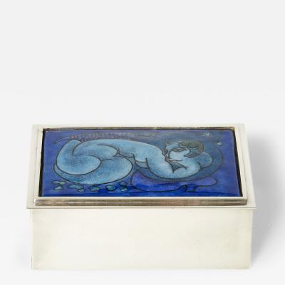 Crevillen Paris silvered and enameled blue ceramic Jewellery Box 1970