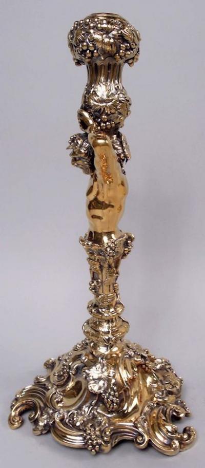 Crichton Brothers Pair of English Silver Gilt Grapevine Herm Candlesticks After Lamerie