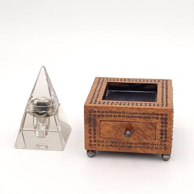 Crystal Pyramid Inkwell in Wooden Stand circa 1870
