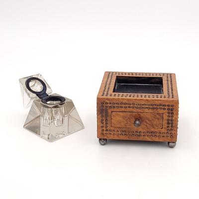 Crystal Pyramid Inkwell in Wooden Stand circa 1870