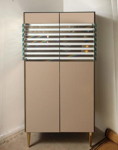 Crystal and Bronze Mirrored Tall Cabinet or Dry Bar with Brass Legs Italy