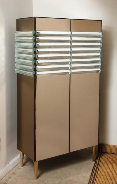 Crystal and Bronze Mirrored Tall Cabinet or Dry Bar with Brass Legs Italy