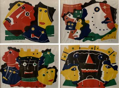 Cubist Contemporary Watercolor Framed Paintings Set of Four