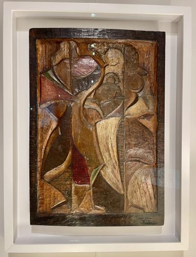 Cubist carved hand color tinted sculptural panel by Vicente Gil Franco 