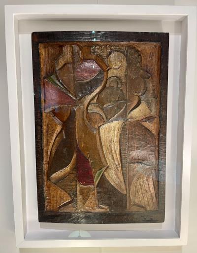 Cubist carved hand color tinted sculptural panel by Vicente Gil Franco 