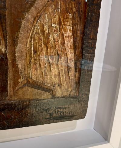 Cubist carved hand color tinted sculptural panel by Vicente Gil Franco 