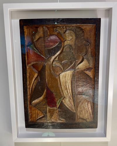 Cubist carved hand color tinted sculptural panel by Vicente Gil Franco 