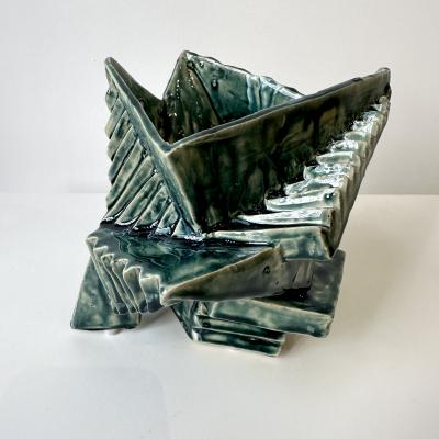 Cubist vessel in forest glaze by R A Pesce 2025