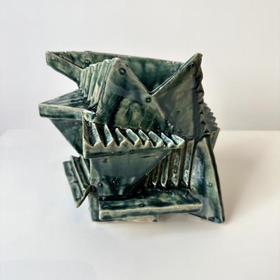 Cubist vessel in forest glaze by R A Pesce 2025
