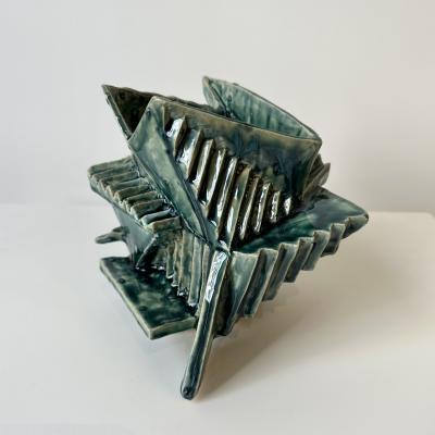 Cubist vessel in forest glaze by R A Pesce 2025