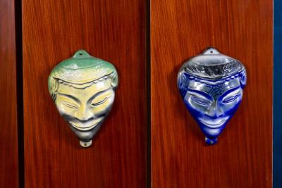 Curious Mid Century Wardrobe with Ceramic Masks Italy 1950