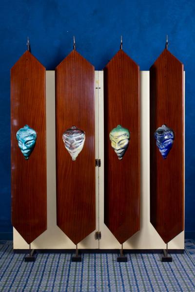 Curious Mid Century Wardrobe with Ceramic Masks Italy 1950