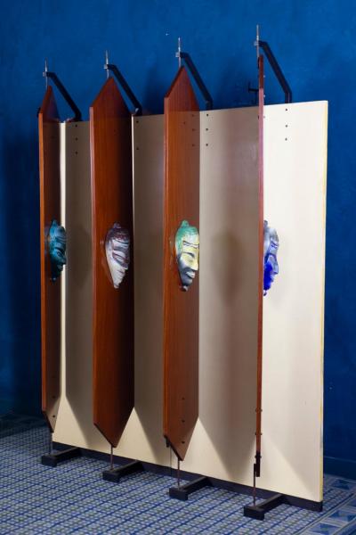 Curious Mid Century Wardrobe with Ceramic Masks Italy 1950